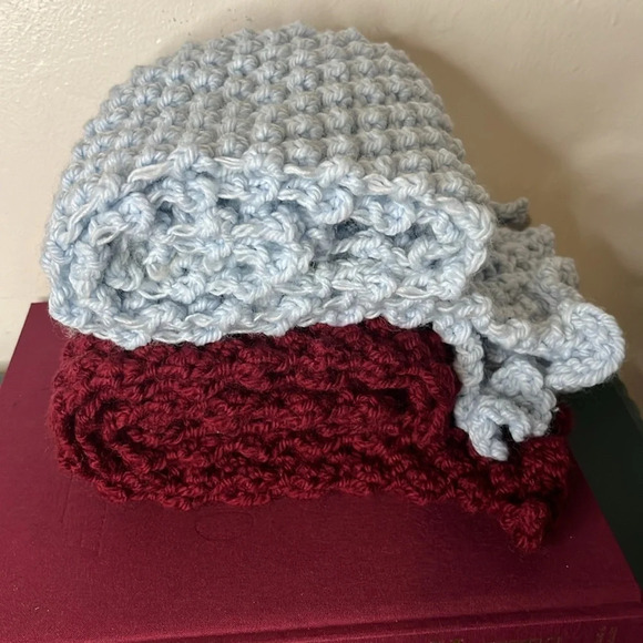 Pair Handmade Knit Wool Blend Vintage Blue & Burgundy Popcorn Rectangle Scarves - Picture 4 of 5